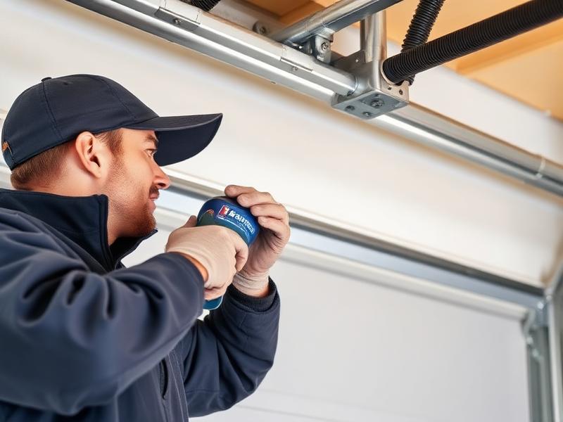 Professional technician performing garage door maintenance and inspection service