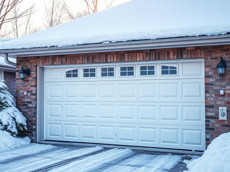 Residential garage door in winter snow conditions requiring cold weather maintenance