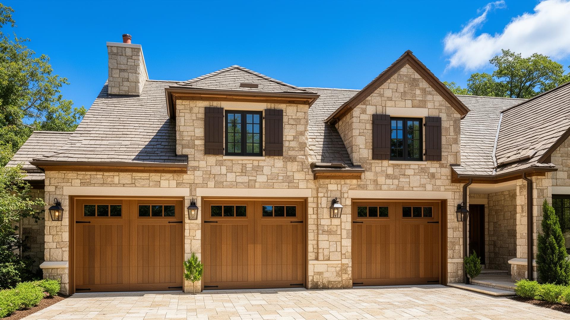 Beautiful craftsman style garage doors on luxury French country estate home